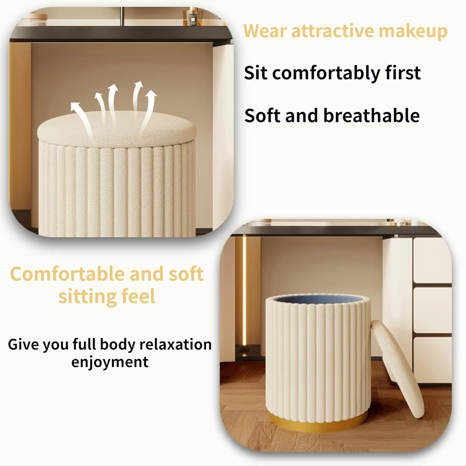Round Storage Stool -Upholstered Vanity Chair and Ottoman footrest, Non-Slip Metal Base and Skin-Friendly Fabric, Perfect Vanit