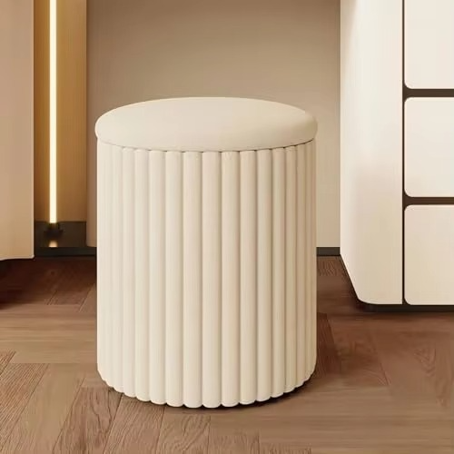 Round Storage Stool -Upholstered Vanity Chair and Ottoman footrest, Non-Slip Metal Base and Skin-Friendly Fabric, Perfect Vanit