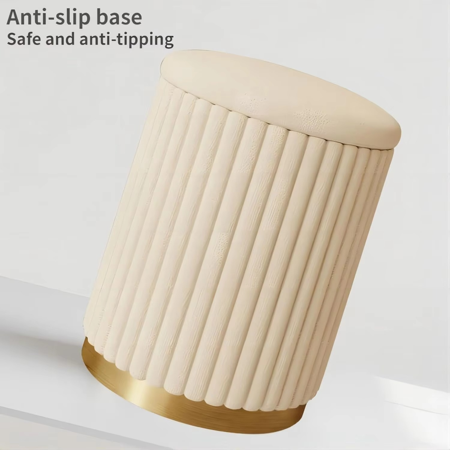 Round Storage Stool -Upholstered Vanity Chair and Ottoman footrest, Non-Slip Metal Base and Skin-Friendly Fabric, Perfect Vanit
