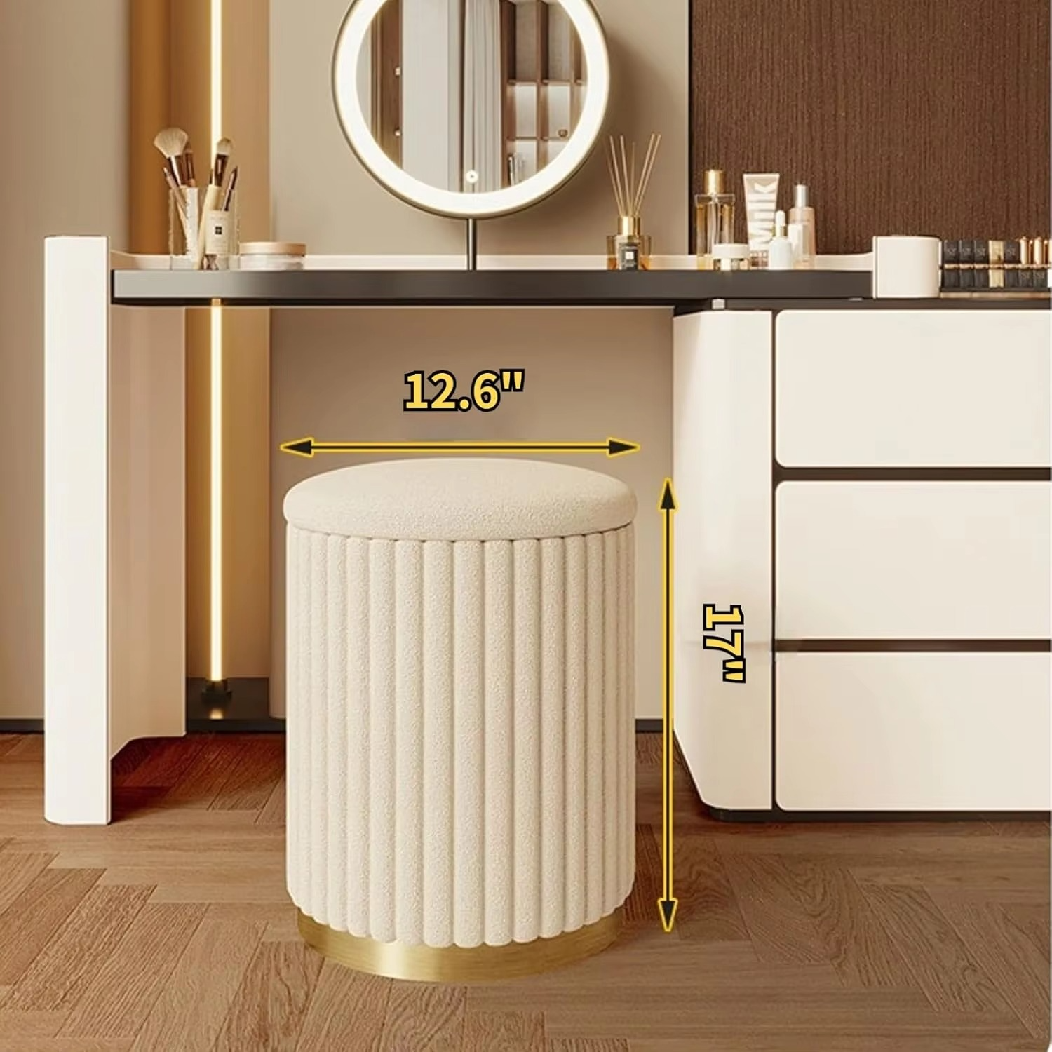 Round Storage Stool -Upholstered Vanity Chair and Ottoman footrest, Non-Slip Metal Base and Skin-Friendly Fabric, Perfect Vanit