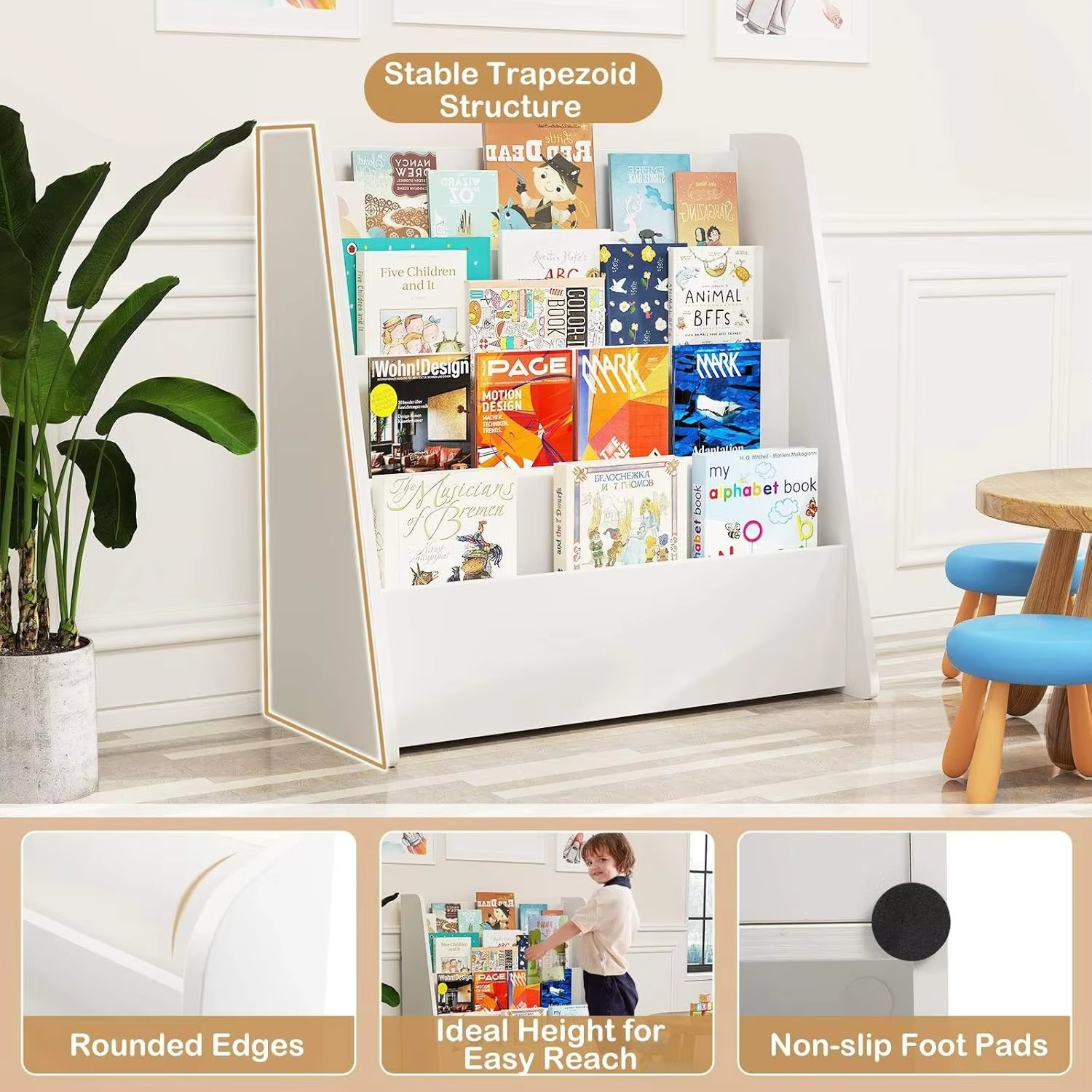 JOY 4-Tier Kids Wooden Bookshelf, Front Facing Children Display Bookcase with Deep Compartments, Magazine Storage Rack for Kids