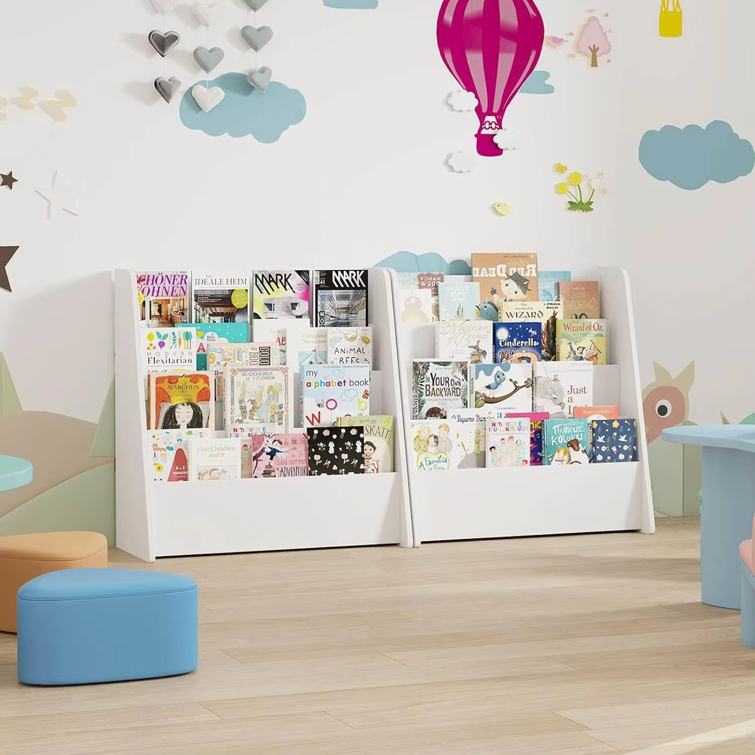 JOY 4-Tier Kids Wooden Bookshelf, Front Facing Children Display Bookcase with Deep Compartments, Magazine Storage Rack for Kids