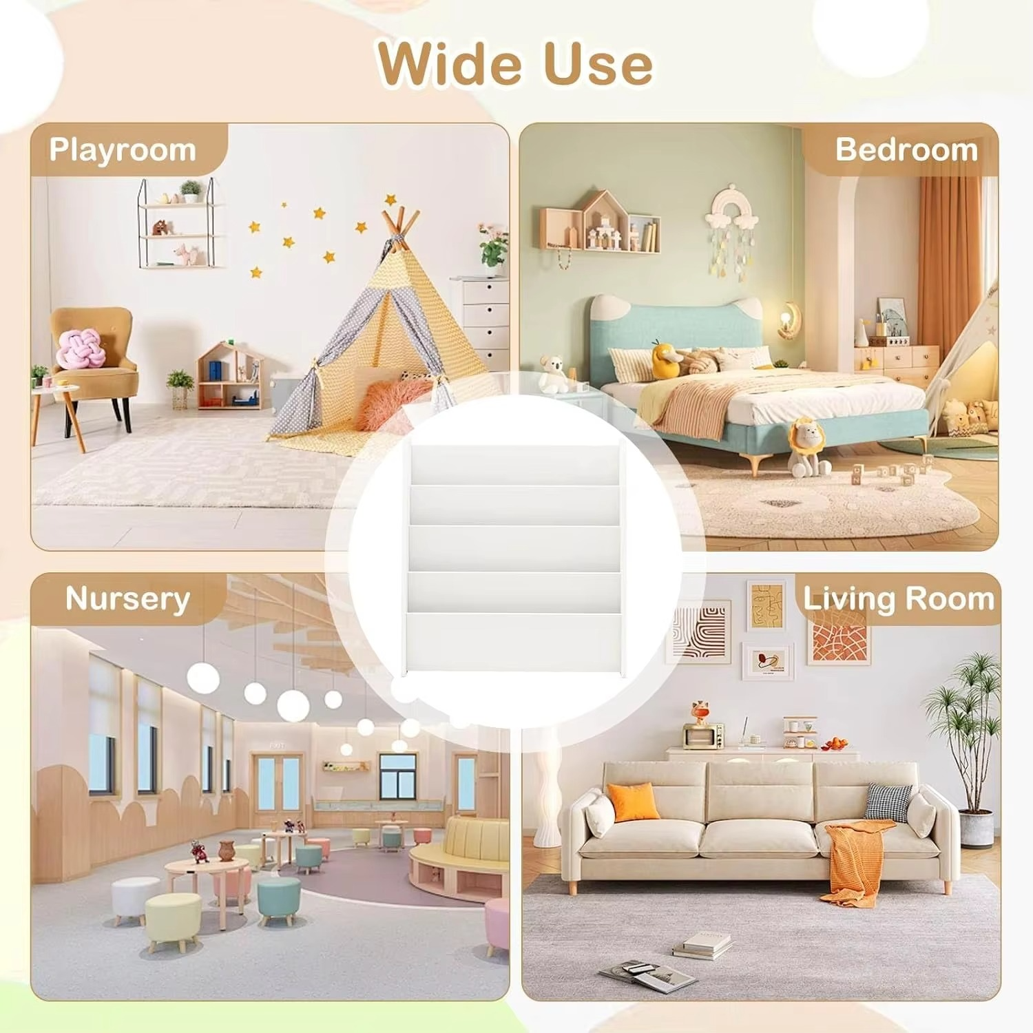 JOY 4-Tier Kids Wooden Bookshelf, Front Facing Children Display Bookcase with Deep Compartments, Magazine Storage Rack for Kids