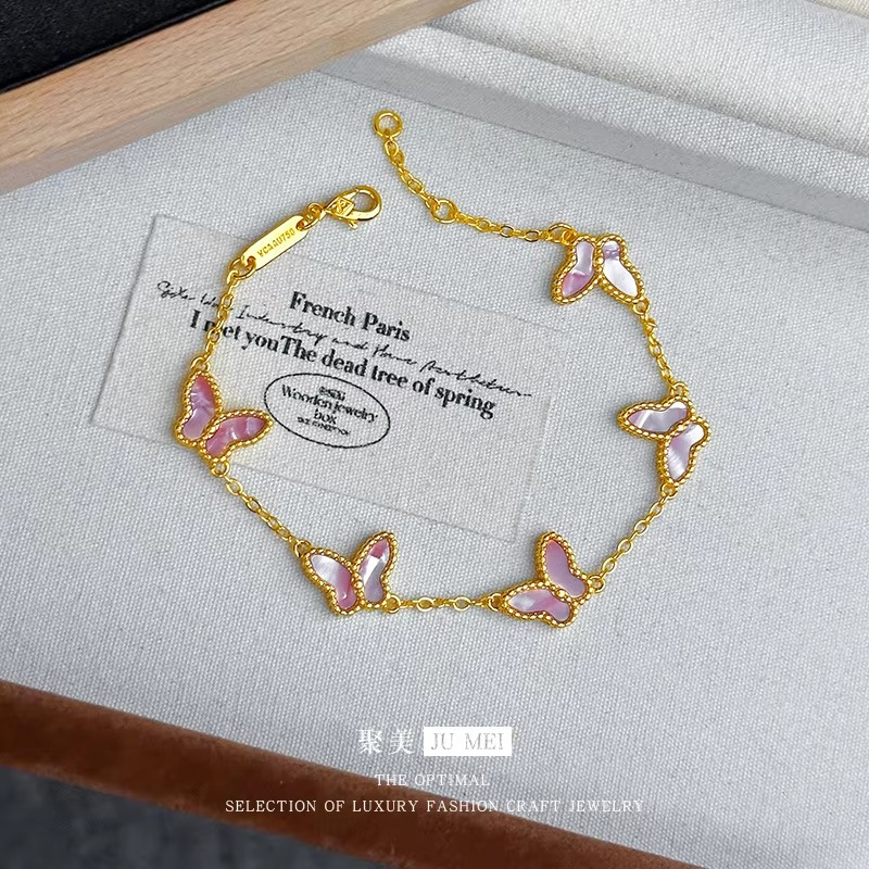 Light luxury high-end five butterfly bracelets 9999 24K real gold versatile ins style mother-shell pink women's bracelets