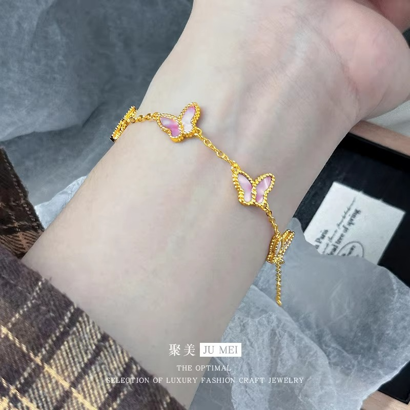 Light luxury high-end five butterfly bracelets 9999 24K real gold versatile ins style mother-shell pink women's bracelets