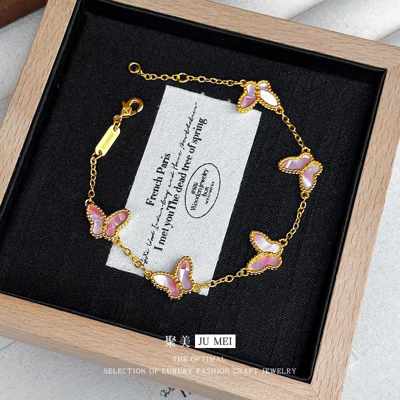 Light luxury high-end five butterfly bracelets 9999 24K real gold versatile ins style mother-shell pink women's bracelets