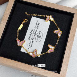 Light luxury high-end five butterfly bracelets 9999 24K real gold versatile ins style mother-shell pink women's bracelets