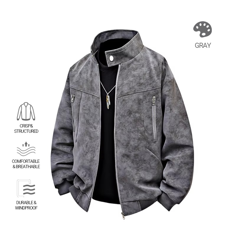 Men clothing PU Leather Jacket for Men winter Fashion Stand Collar Vintage Style Loose Versatile Casual Tie-Dye Men's Jackets