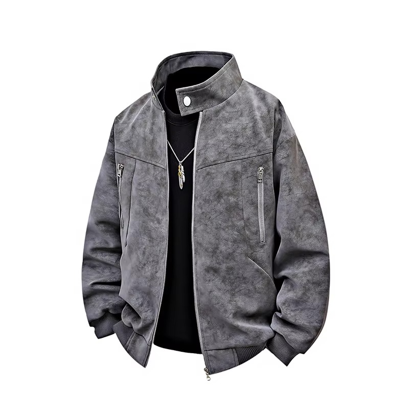 Men clothing PU Leather Jacket for Men winter Fashion Stand Collar Vintage Style Loose Versatile Casual Tie-Dye Men's Jackets