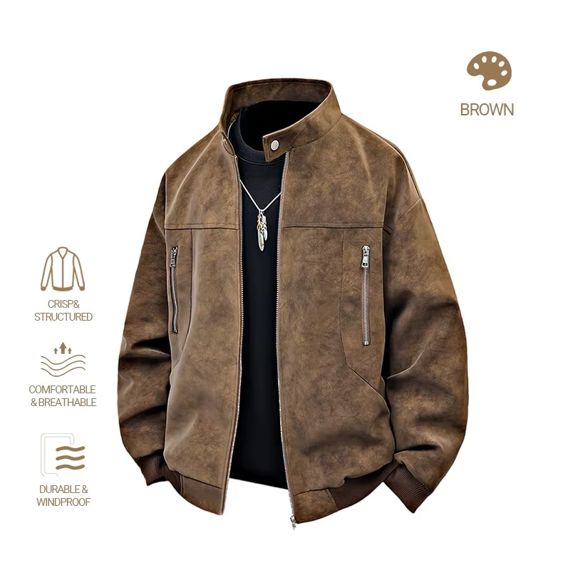 Men clothing PU Leather Jacket for Men winter Fashion Stand Collar Vintage Style Loose Versatile Casual Tie-Dye Men's Jackets