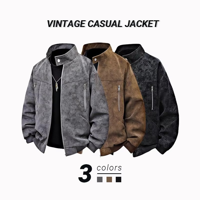 Men clothing PU Leather Jacket for Men winter Fashion Stand Collar Vintage Style Loose Versatile Casual Tie-Dye Men's Jackets