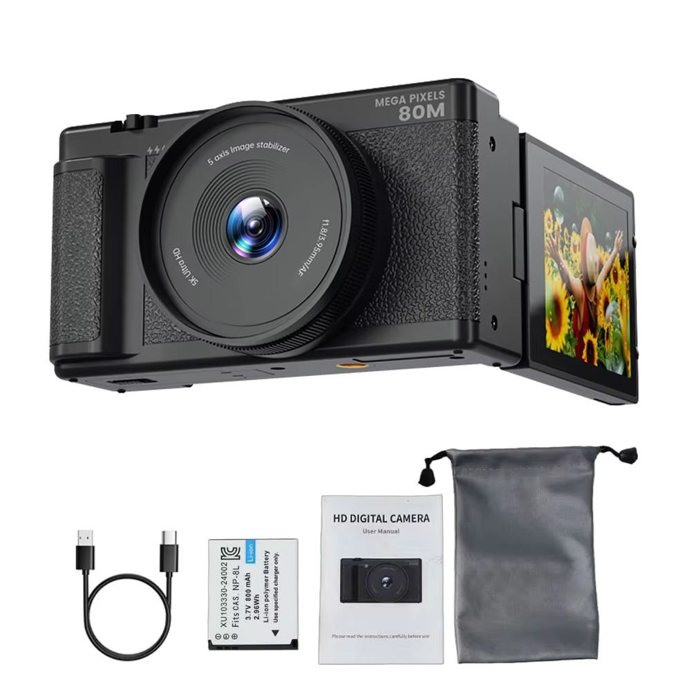 5K 80MP Digital Camera for Photography 6-Axis Stabilization 270° Flip Screen Camera 18X Digital Zoom Dual-Len Video Vlogging Cam