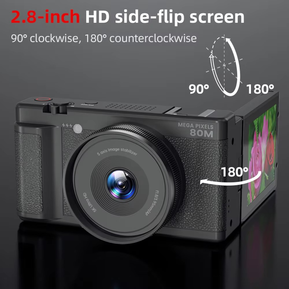 5K 80MP Digital Camera for Photography 6-Axis Stabilization 270° Flip Screen Camera 18X Digital Zoom Dual-Len Video Vlogging Cam