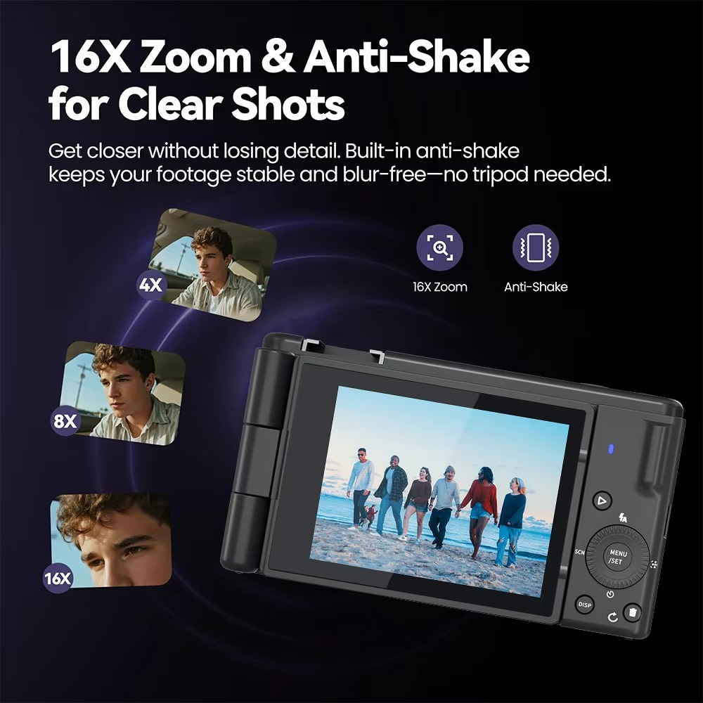 5K 80MP Digital Camera for Photography 6-Axis Stabilization 270° Flip Screen Camera 18X Digital Zoom Dual-Len Video Vlogging Cam