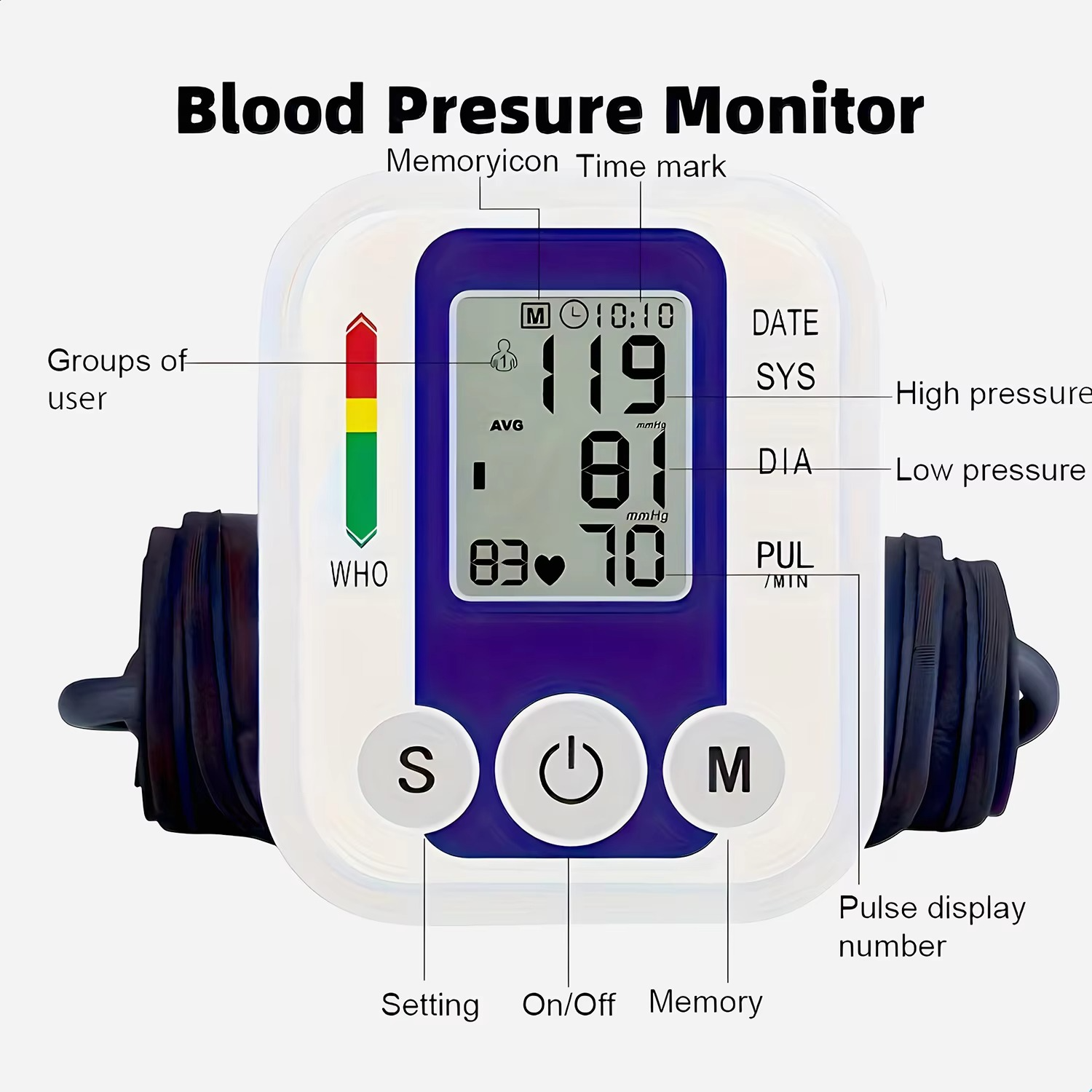 Digital Arm Blood Pressure Test Kit Cuff Sensor Monitor BP Automatic Pressure Tonometer Tensiometer Heart Rate Pulse Meter