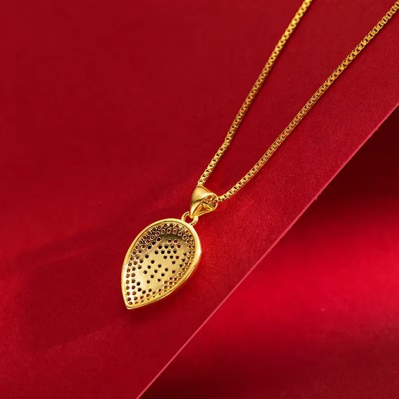 24K 9999 Pure Gold Yellow Gold Women's Necklace Following European and American Fashion, Micro - inlaid Full - diamond Leaf Pend