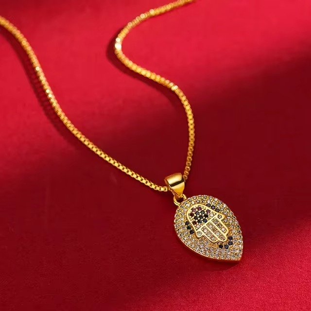 24K 9999 Pure Gold Yellow Gold Women's Necklace Following European and American Fashion, Micro - inlaid Full - diamond Leaf Pend