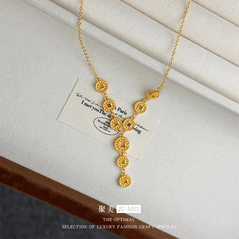 9999 24K real gold new Chinese design coin necklace fashionable high appearance and lots of collarbone chain