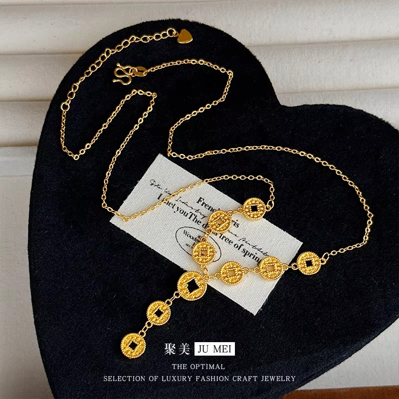 9999 24K real gold new Chinese design coin necklace fashionable high appearance and lots of collarbone chain