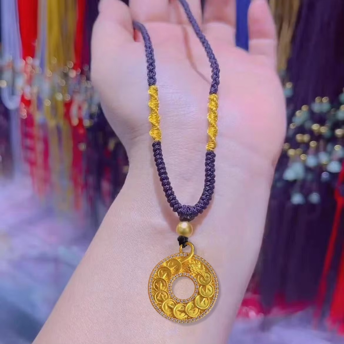 9999 24K real gold point diamond Ruyi peace buckle pendant vintage disk necklace men's and women's temperament sweater chain