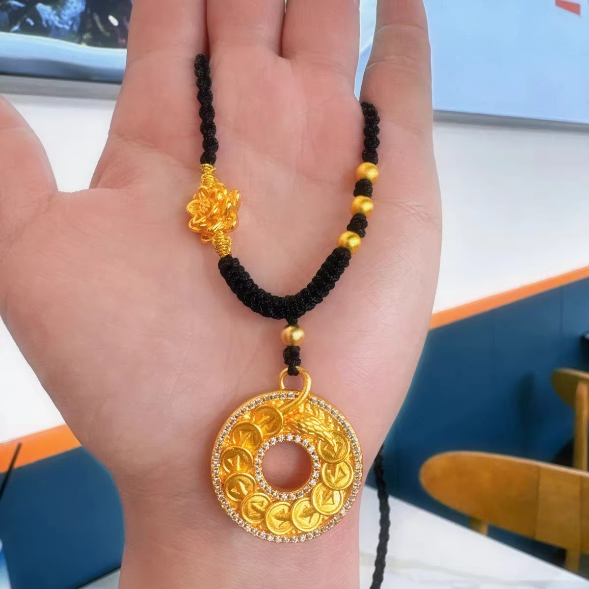 9999 24K real gold point diamond Ruyi peace buckle pendant vintage disk necklace men's and women's temperament sweater chain
