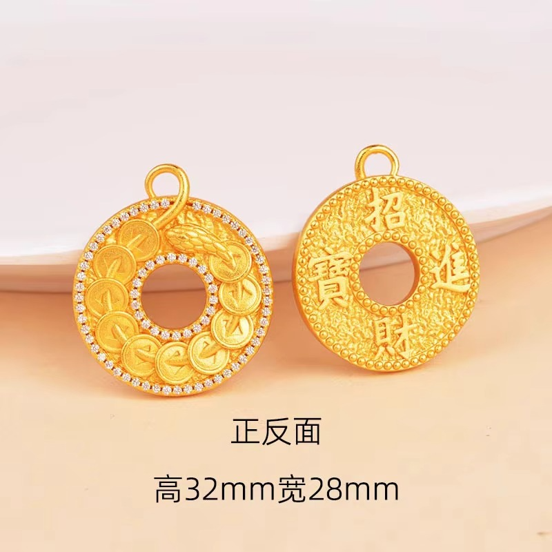 9999 24K real gold point diamond Ruyi peace buckle pendant vintage disk necklace men's and women's temperament sweater chain