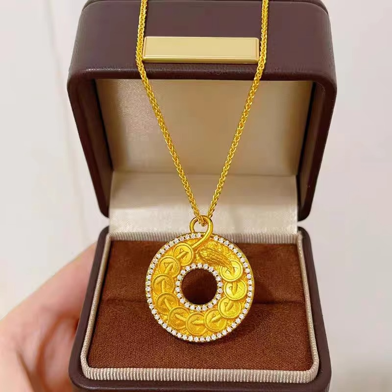 9999 24K real gold point diamond Ruyi peace buckle pendant vintage disk necklace men's and women's temperament sweater chain
