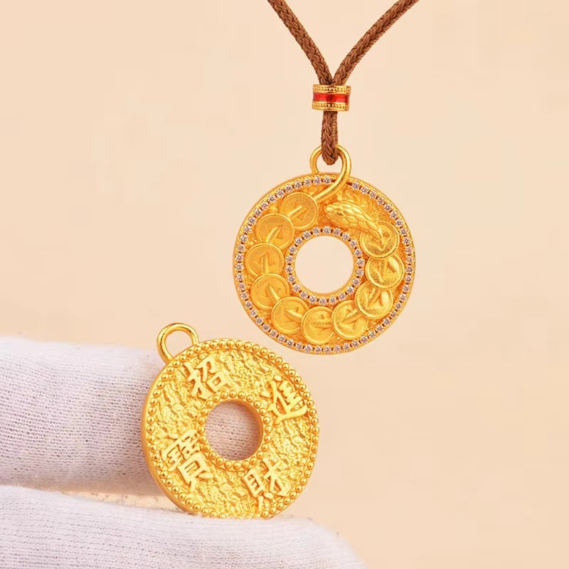 9999 24K real gold point diamond Ruyi peace buckle pendant vintage disk necklace men's and women's temperament sweater chain