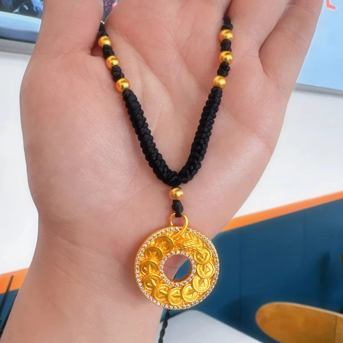 9999 24K real gold point diamond Ruyi peace buckle pendant vintage disk necklace men's and women's temperament sweater chain