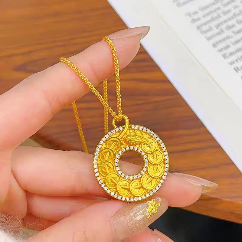 9999 24K real gold point diamond Ruyi peace buckle pendant vintage disk necklace men's and women's temperament sweater chain