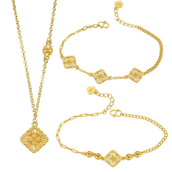 Luxury 24K 9999 Pure Gold real gold Buccelati Three-Piece Silk Clover Necklace Bracelet Women's Clavicle Chain