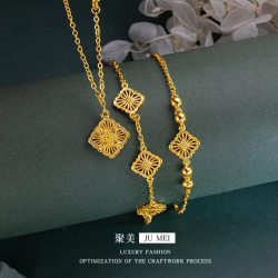 Luxury 24K 9999 Pure Gold real gold Buccelati Three-Piece Silk Clover Necklace Bracelet Women's Clavicle Chain