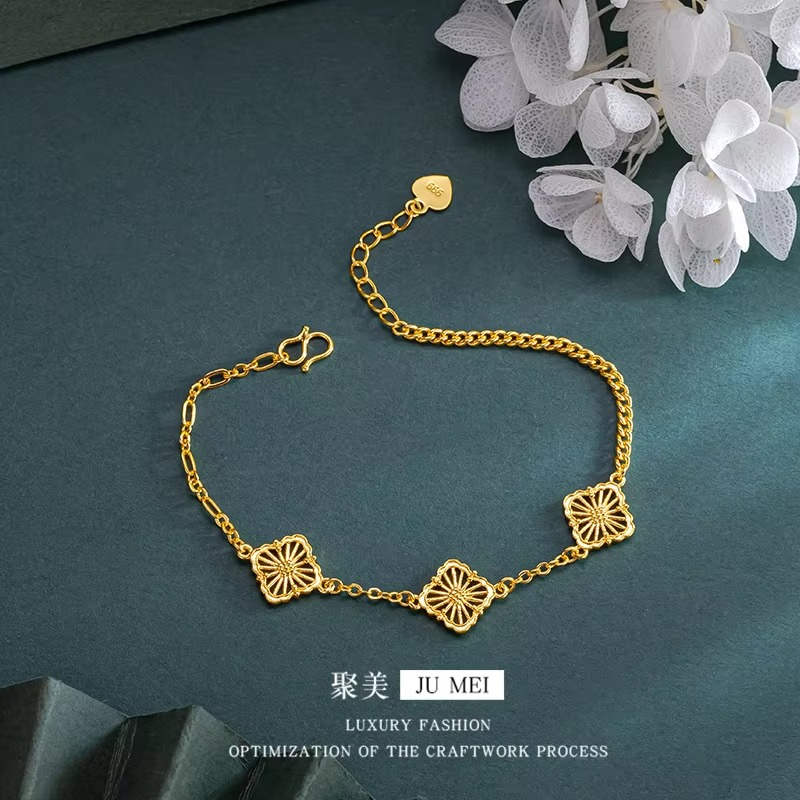 Luxury 24K 9999 Pure Gold real gold Buccelati Three-Piece Silk Clover Necklace Bracelet Women's Clavicle Chain