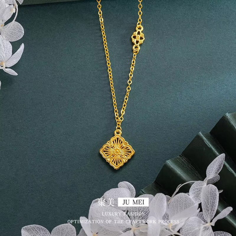 Luxury 24K 9999 Pure Gold real gold Buccelati Three-Piece Silk Clover Necklace Bracelet Women's Clavicle Chain
