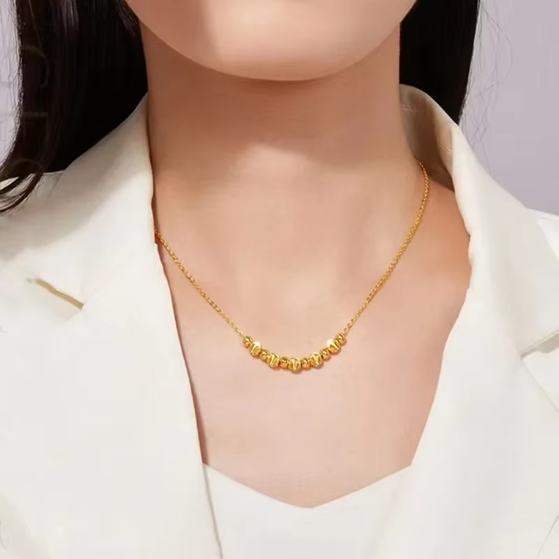 Fashionable 24K AU9999 Real Gold Yellow Gold Cat's Eye Light Bead Necklace, Ideal Mother's Day Gift