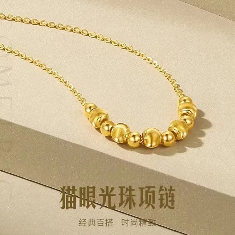 Fashionable 24K AU9999 Real Gold Yellow Gold Cat's Eye Light Bead Necklace, Ideal Mother's Day Gift