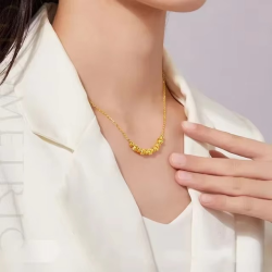 Fashionable 24K AU9999 Real Gold Yellow Gold Cat's Eye Light Bead Necklace, Ideal Mother's Day Gift