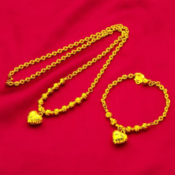 Heart Necklace & Bracelet Set for Women, 24K Gold, AU999 | Solid hearts with adjustable chain & clasp, practical for everyday us