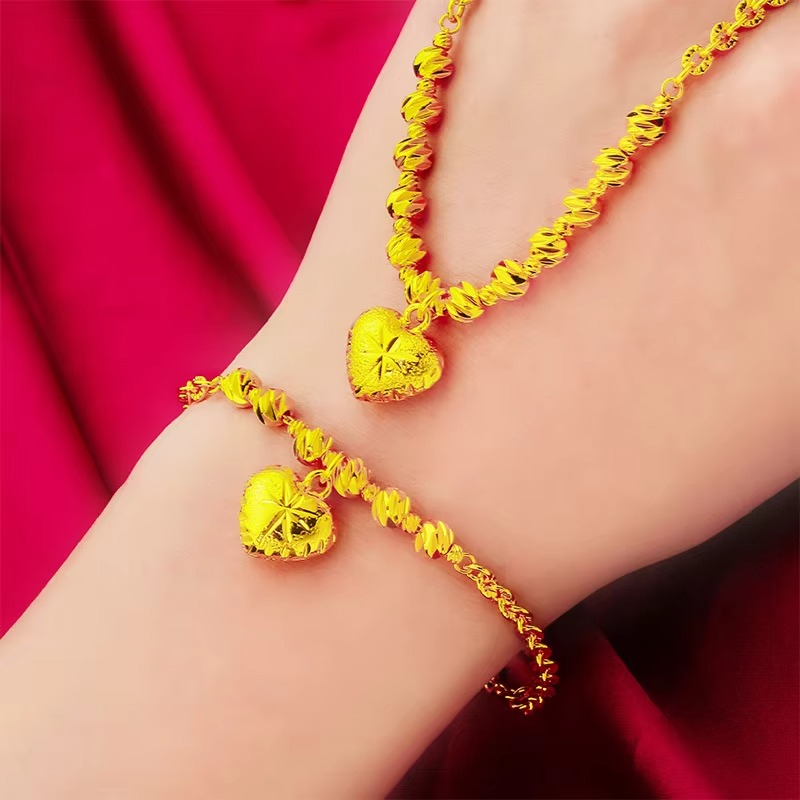Heart Necklace & Bracelet Set for Women, 24K Gold, AU999 | Solid hearts with adjustable chain & clasp, practical for everyday us
