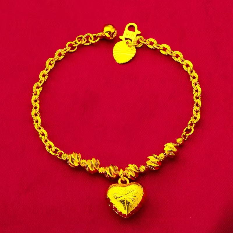 Heart Necklace & Bracelet Set for Women, 24K Gold, AU999 | Solid hearts with adjustable chain & clasp, practical for everyday us