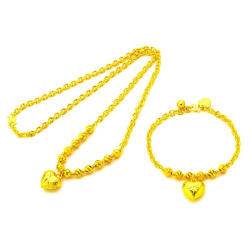 Heart Necklace & Bracelet Set for Women, 24K Gold, AU999 | Solid hearts with adjustable chain & clasp, practical for everyday us