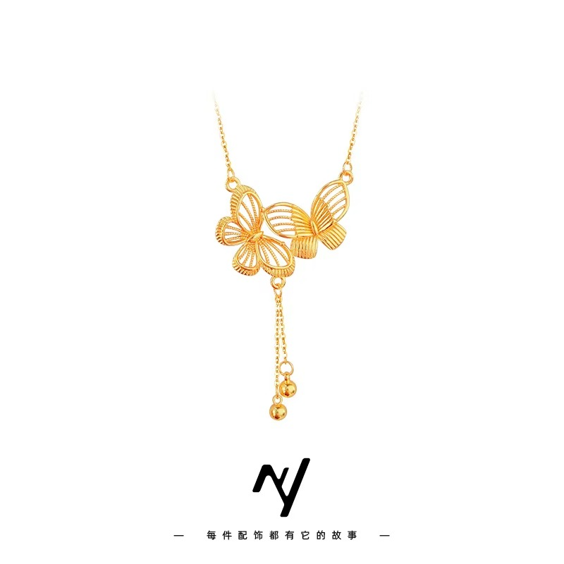 Luxury 24K 9999 Pure Gold Hollow Double Butterfly Necklace Women's Vintage All-match Clavicle Chain Necklace Chain