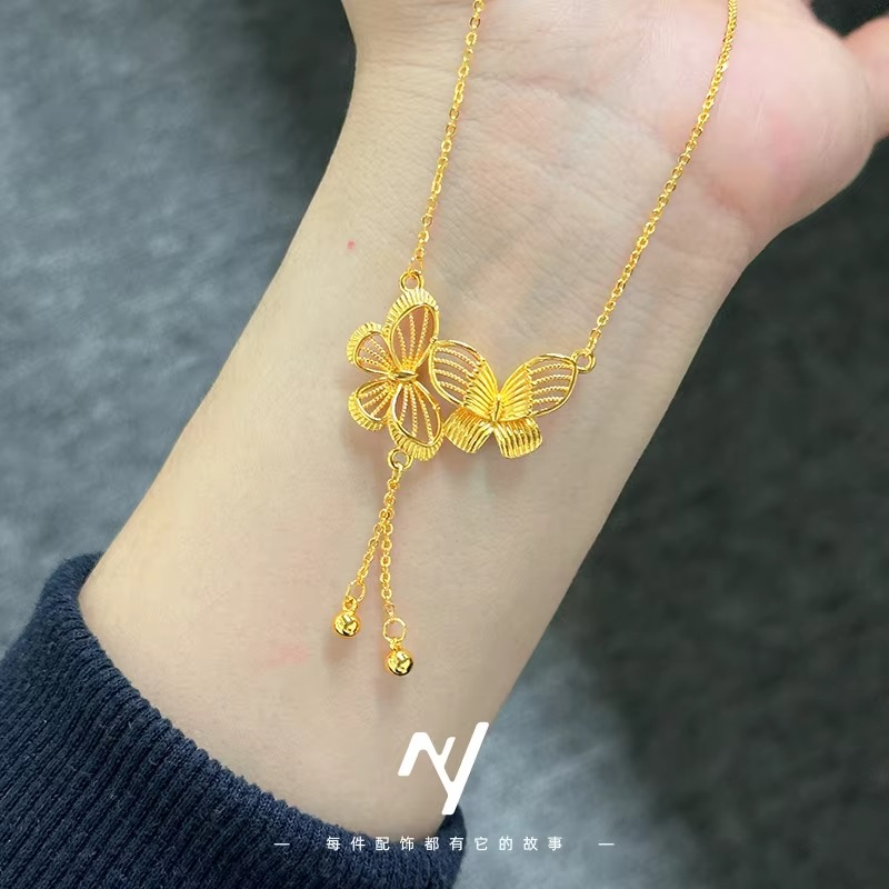 Luxury 24K 9999 Pure Gold Hollow Double Butterfly Necklace Women's Vintage All-match Clavicle Chain Necklace Chain