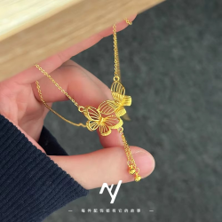 Luxury 24K 9999 Pure Gold Hollow Double Butterfly Necklace Women's Vintage All-match Clavicle Chain Necklace Chain