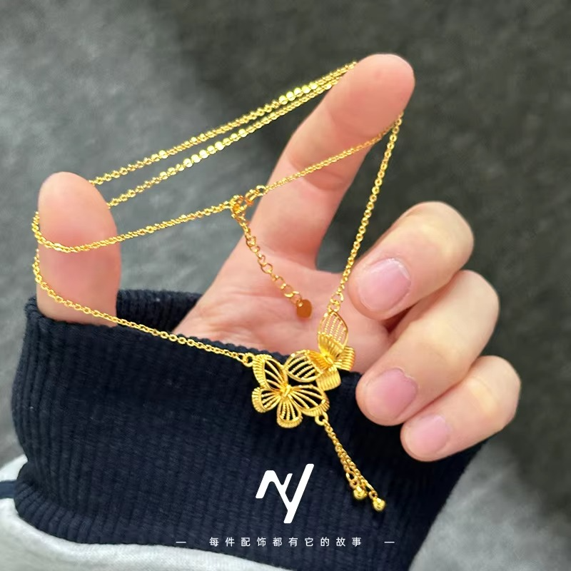 Luxury 24K 9999 Pure Gold Hollow Double Butterfly Necklace Women's Vintage All-match Clavicle Chain Necklace Chain