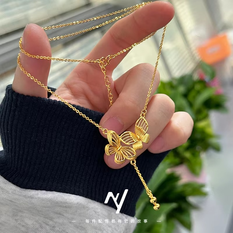 Luxury 24K 9999 Pure Gold Hollow Double Butterfly Necklace Women's Vintage All-match Clavicle Chain Necklace Chain