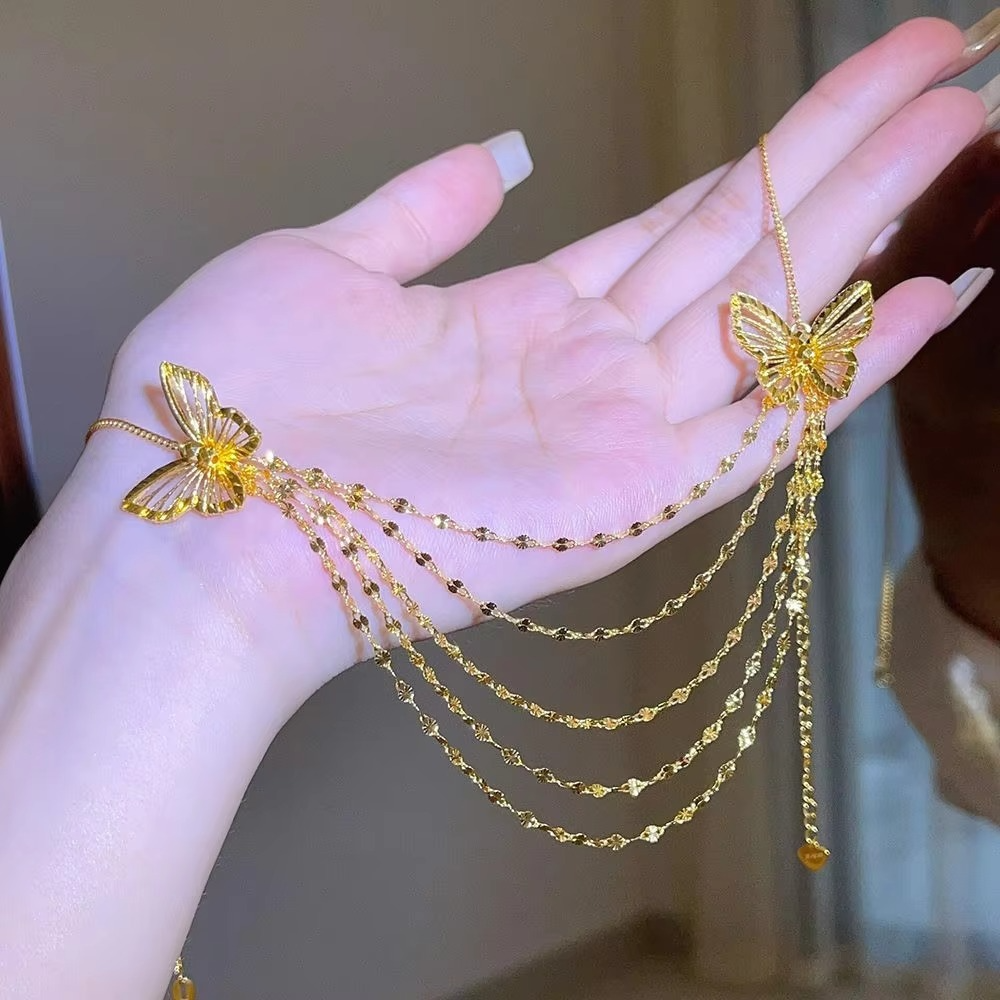 24K real gold hollow butterfly lace tassel necklace for women 9999 light luxury niche fashion high-end collarbone chain