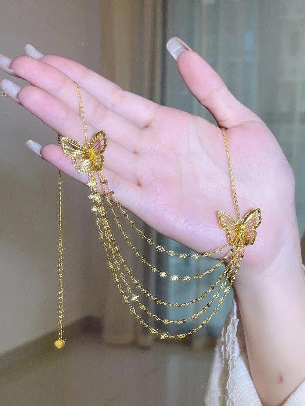 24K real gold hollow butterfly lace tassel necklace for women 9999 light luxury niche fashion high-end collarbone chain