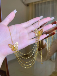 24K real gold hollow butterfly lace tassel necklace for women 9999 light luxury niche fashion high-end collarbone chain
