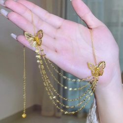 24K real gold hollow butterfly lace tassel necklace for women 9999 light luxury niche fashion high-end collarbone chain